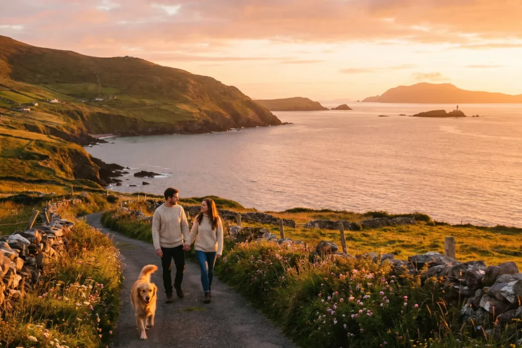 Sunset over Dingle Peninsula in September, golden light on the bay, a couple walking a coastal path, no crowds, warm and calm atmosphere