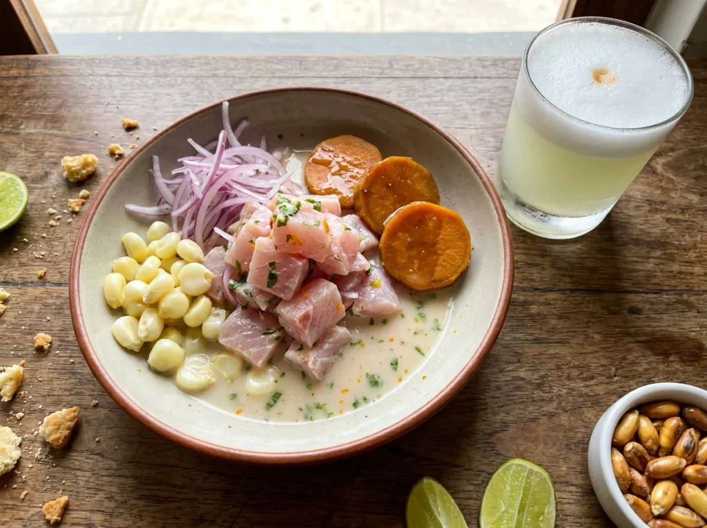 A vibrant, overhead shot of a freshly prepared ceviche plate in a Lima restaurant. The bowl is filled with chunks of raw corvina (sea bass) marinated in lime leche de tigre, with slices of red onion, Peruvian corn (choclo), and sweet potato on the side. Condensation forms on a cold Pisco Sour glass next to it.