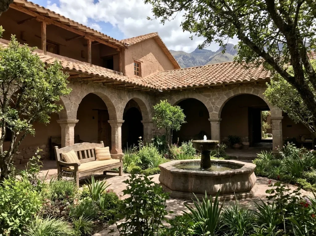 A serene courtyard inside a converted colonial hacienda in the Sacred Valley, Peru. Stone arches surround a green garden with a central fountain. A wooden bench sits in dappled sunlight, and the architecture features thick walls and terracotta roof tiles.