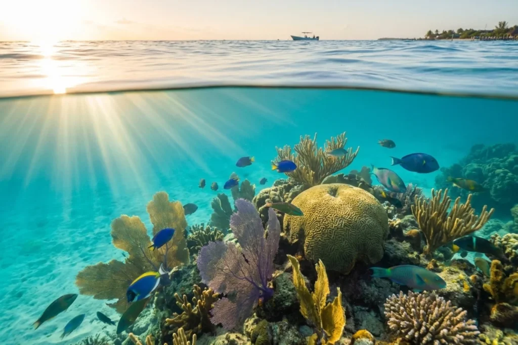 Snorkeler in clear turquoise water near Isla Mujeres reef in February, bright coral below, calm surface, morning light