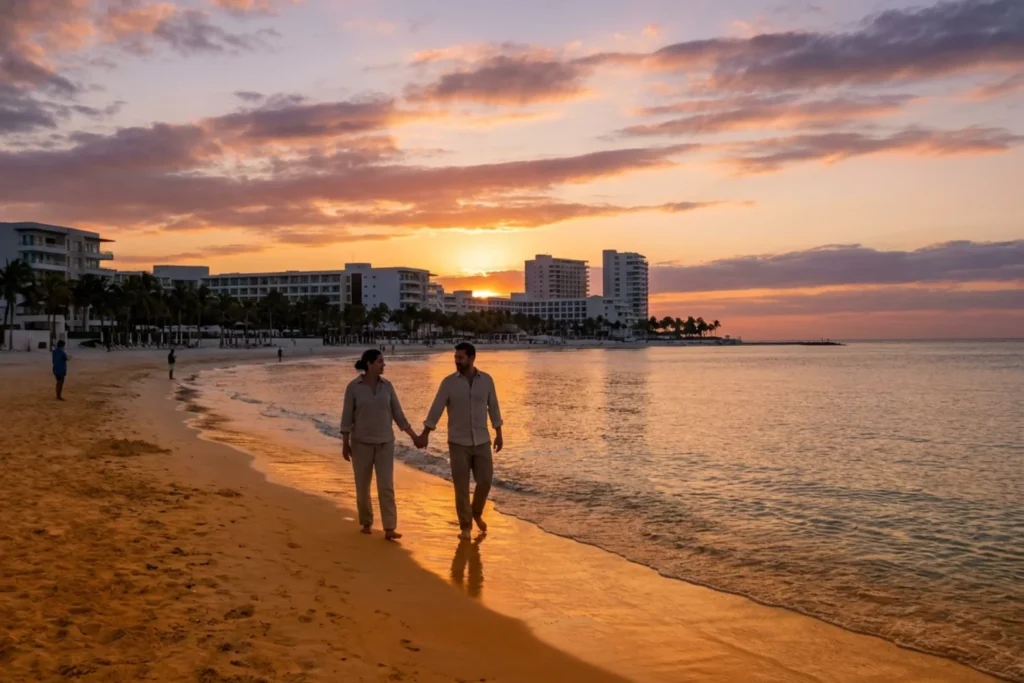 Cancun Hotel Zone at sunset in February, warm orange light on calm water, couple walking on beach, quiet atmosphere