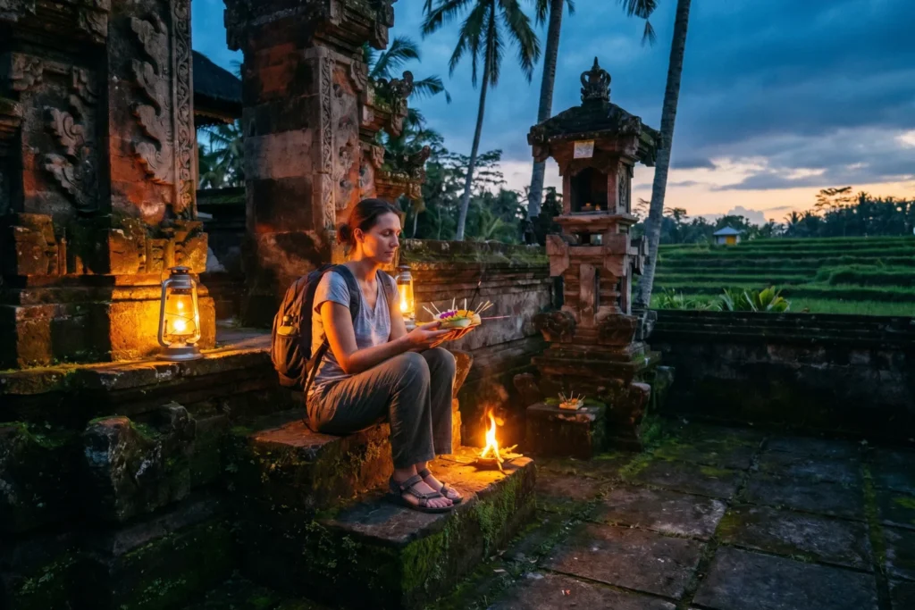 solo traveler sitting on stone steps of a small Balinese temple courtyard at dusk, offering flowers in hand, warm lantern light, no other people visible