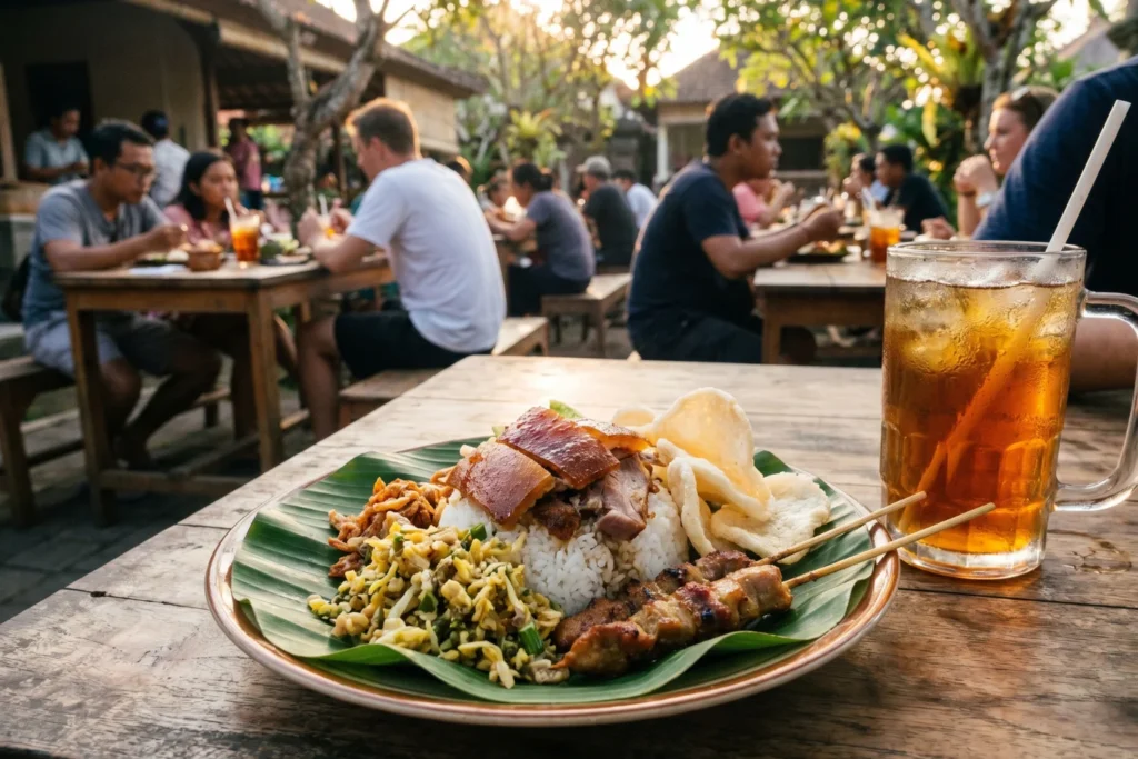 bowl of babi guling (suckling pig) with rice and crackers on a banana leaf plate, outdoor warung setting, afternoon light, condensation on a glass of iced tea beside it