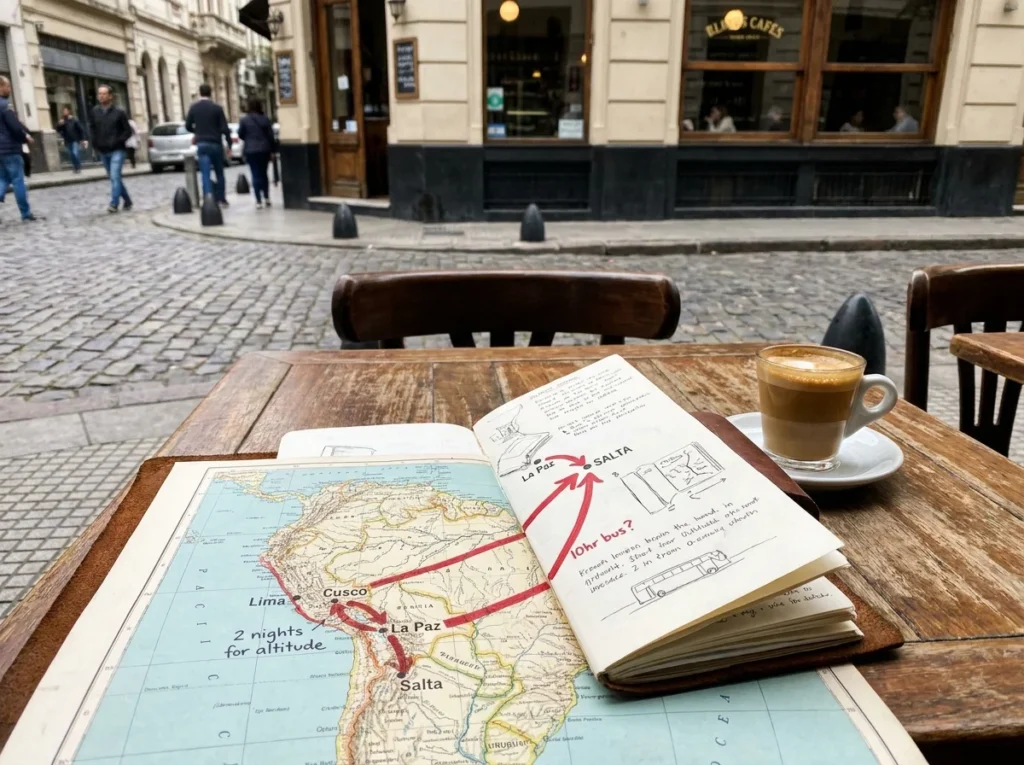 A traveler’s open journal and map spread out on a cafe table in Buenos Aires. The map has a rough, hand-drawn itinerary connecting Lima, Cusco, La Paz, and Salta with arrows and notes like “2 nights for altitude” and “10hr bus?” A coffee cup sits to the side.