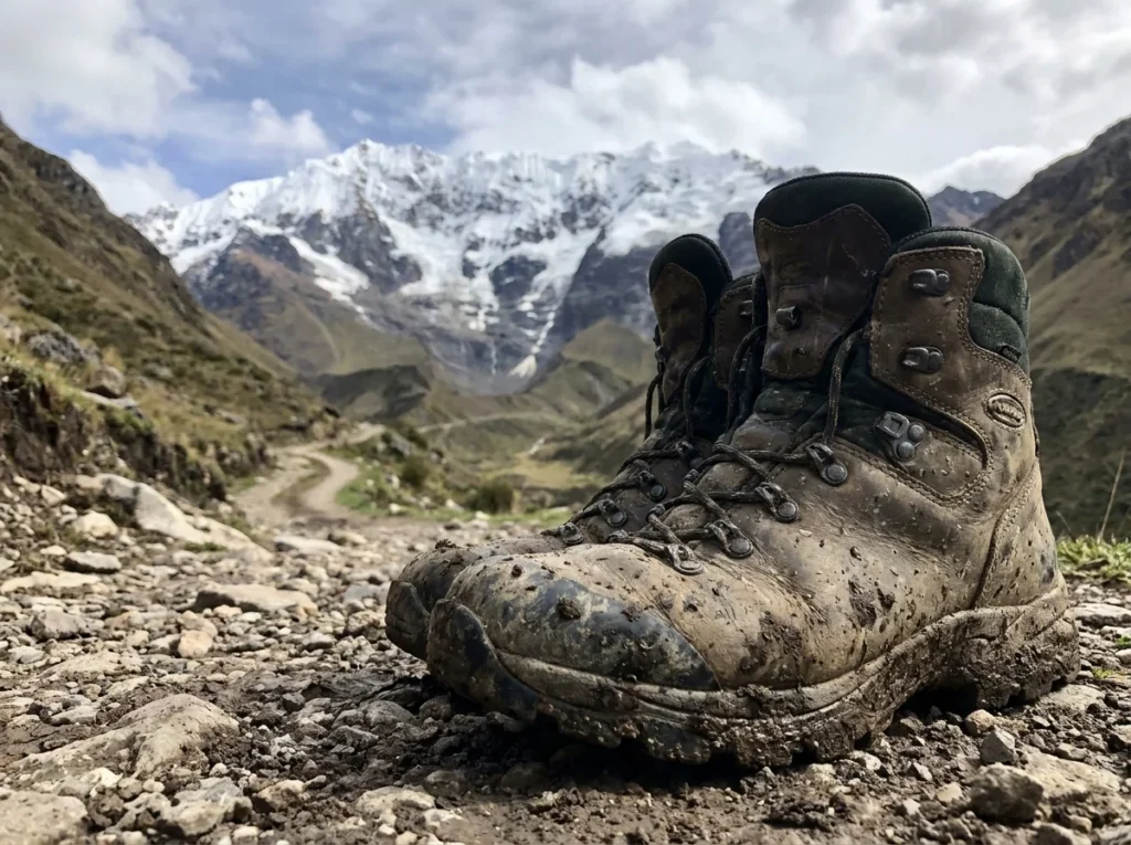 A close-up shot of a traveler’s muddy boots on the Salkantay Trail in Peru, with the stunning, snow-capped peak of Mount Salkantay (6,271m) dominating the background, showcasing the physical challenge of trekking in the Andes.