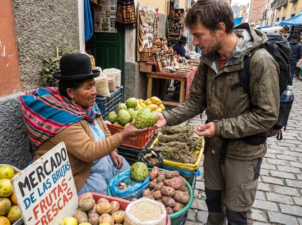 A budget traveler buys fresh cherimoya fruit from a vendor at the Mercado de las Brujas in La Paz