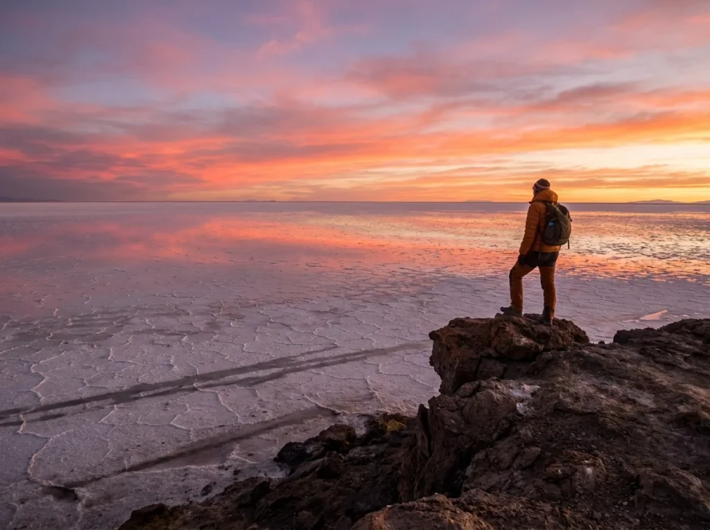 A lone traveler sits on a rock overlooking the Salar de Uyuni at sunset. The vast white salt plain stretches to the horizon, tinted pink and orange by the fading light, capturing the epic scale of South America's landscapes.