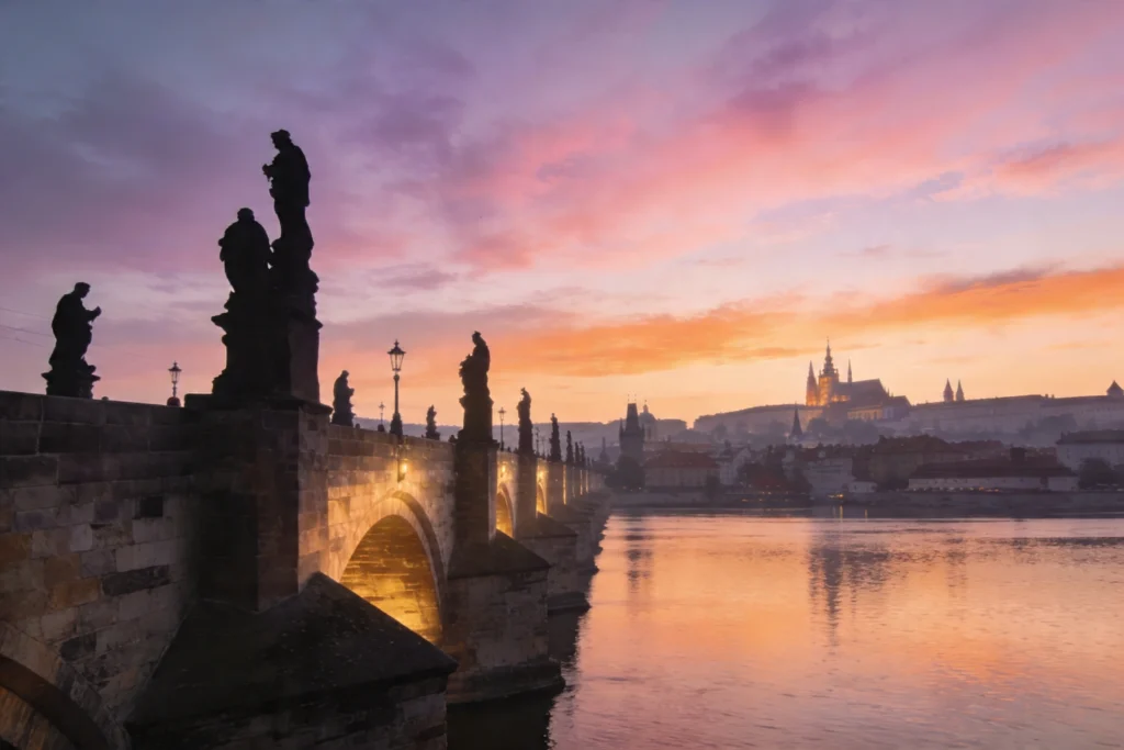 Prague Charles Bridge at dawn 