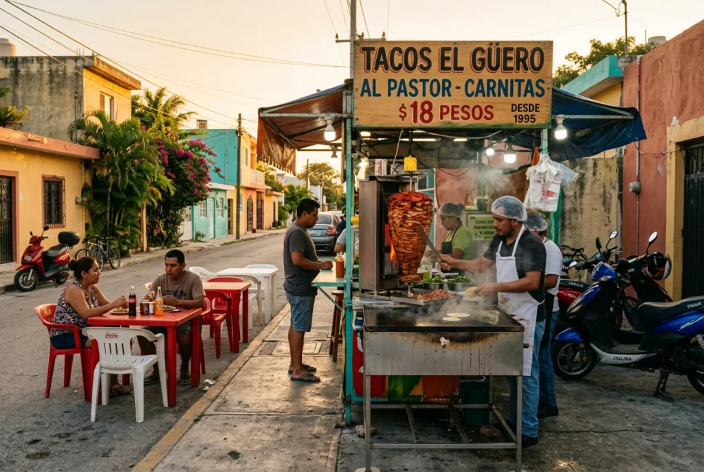 Cancun local neighborhood taco stand near Hotel Zone in late October afternoon, warm light, quiet street, small tables outside