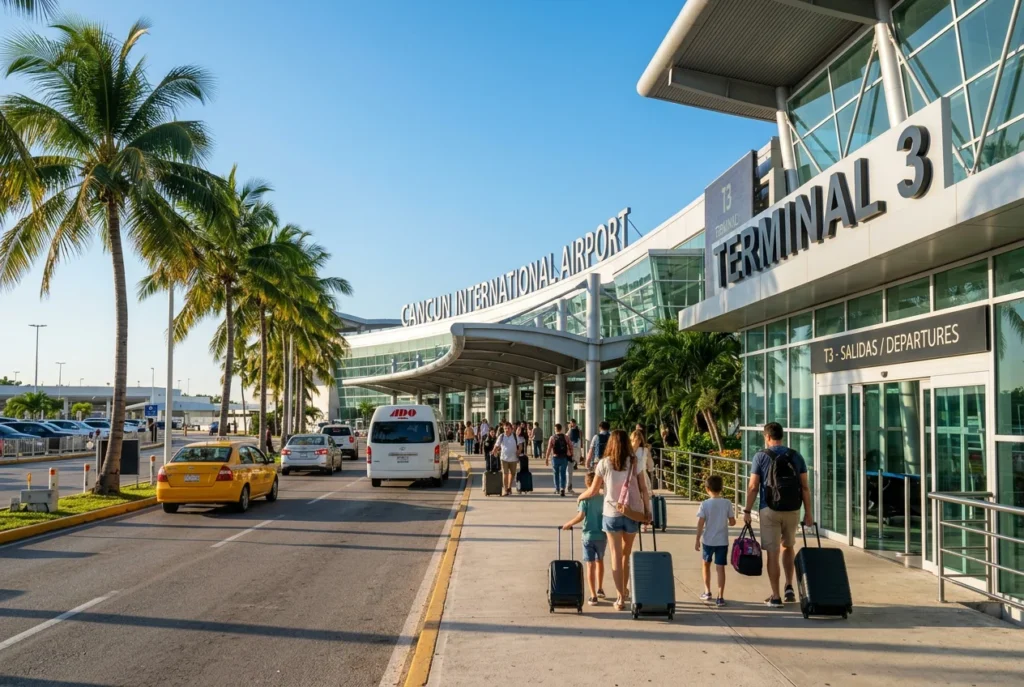 Cancun International Airport Terminal 3 exterior in morning light, palm trees, clear sky, travelers with luggage