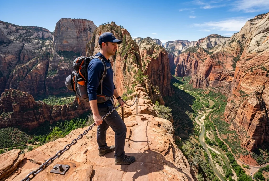 hiker standing at the edge of Angels Landing in Zion National Park, narrow sandstone ridge, dramatic valley below, clear blue sky