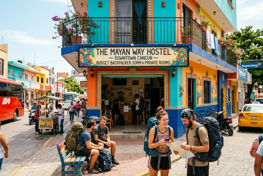 Hostel Mundo Joven Cancun exterior, colorful building, downtown Cancun street scene