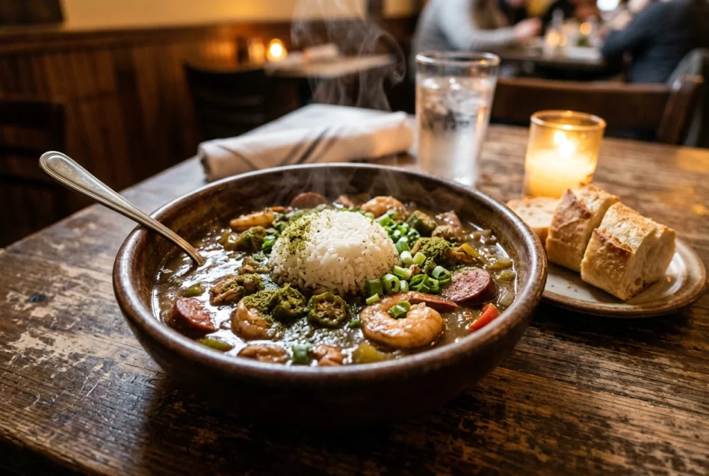 steaming bowl of gumbo on a worn wooden table at a dimly lit New Orleans restaurant, crusty French bread on the side, warm candlelight