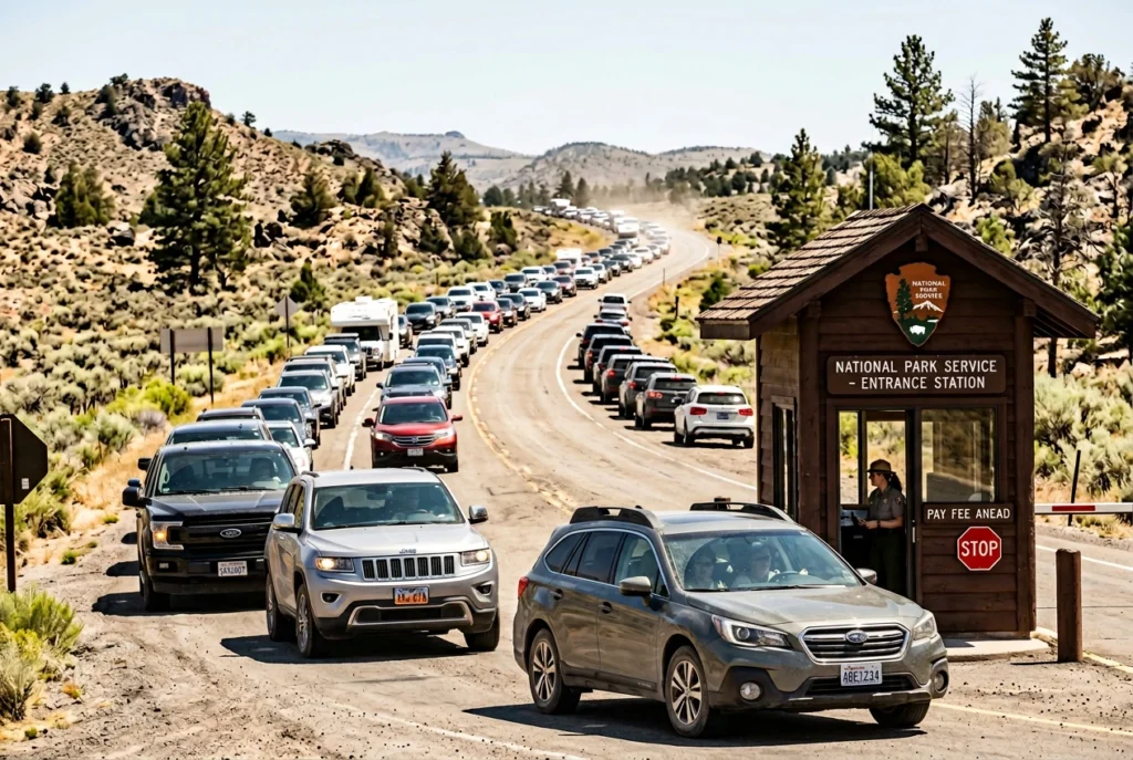 long queue of cars at a national park entrance booth in summer heat, dust visible, a ranger booth in the foreground, harsh midday light