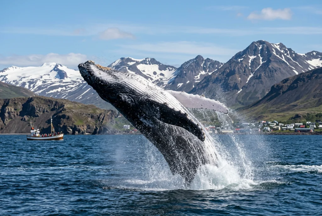 Humpback whale breaching near Húsavík Iceland