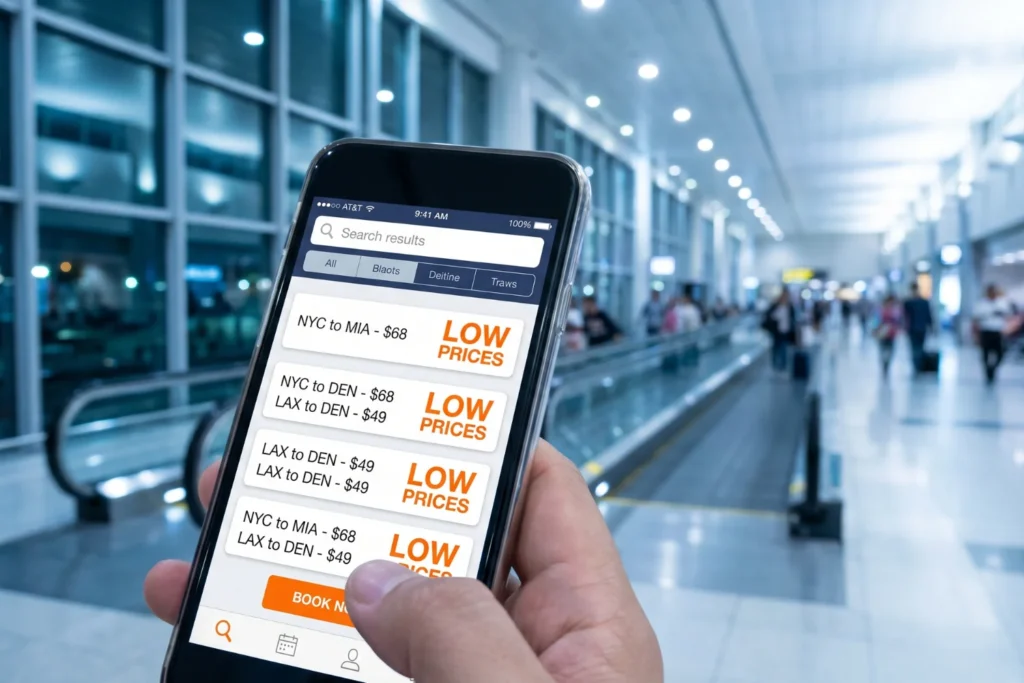 Phone screen showing a flight search with low prices, airport terminal blurred behind | Excited, impulsive | Blue-white airport light | Electric blue, white, accent orange