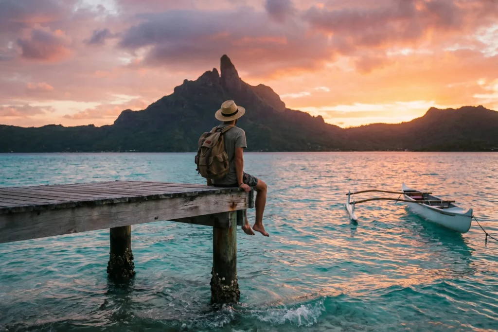Lone traveler sitting at the end of a wooden dock at sunset, feet dangling over turquoise water, the sound of waves lapping gently against the pilings, Mount Otemanu silhouetted against an orange sky, quiet and unhurried mood