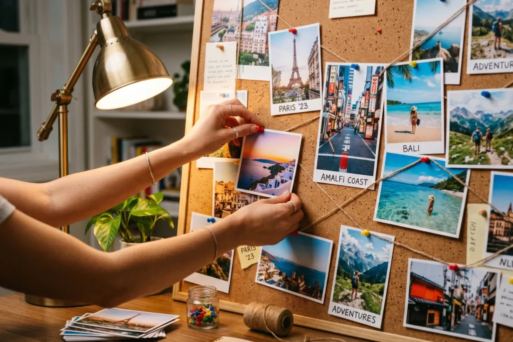 Hands arranging printed travel photos on a corkboard with pins and string | Creative, intentional | Warm desk lamp light | Neutral background with colorful photos
