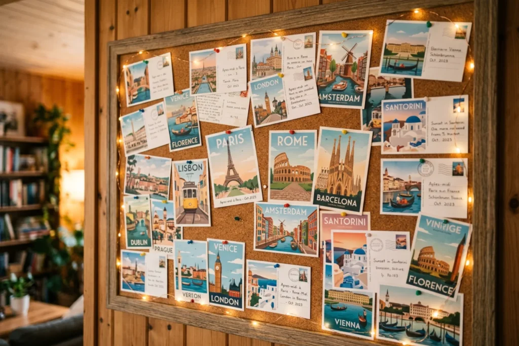 Cork board or wall with postcards pinned up, fairy lights, showing various European destinations | Creative, nostalgic | Warm indoor evening light | Muted rainbow of card colors, warm wood
