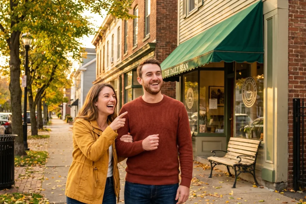 Two friends walking down a quiet suburban main street, one pointing at a storefront, both laughing | Warm, authentic | Golden hour side light | Soft yellow, brick red, leaf green