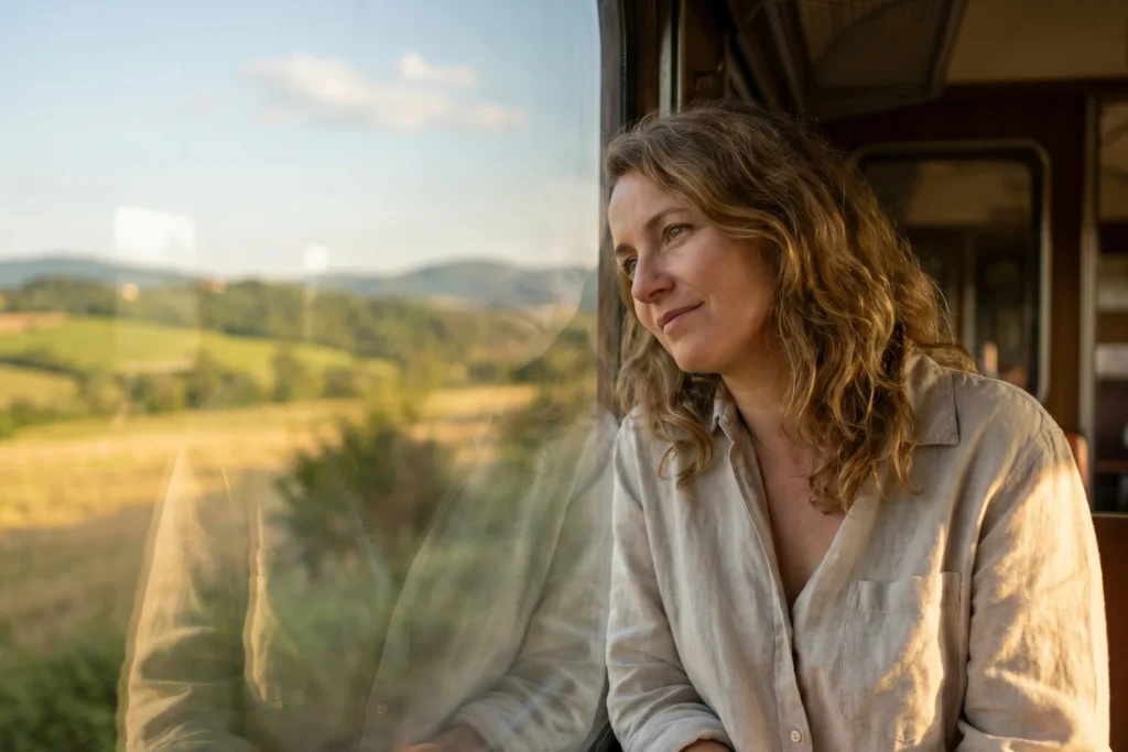 Woman looking out a train window at passing countryside | Reflective, free | Warm afternoon light | Green fields, soft blue sky, window reflection