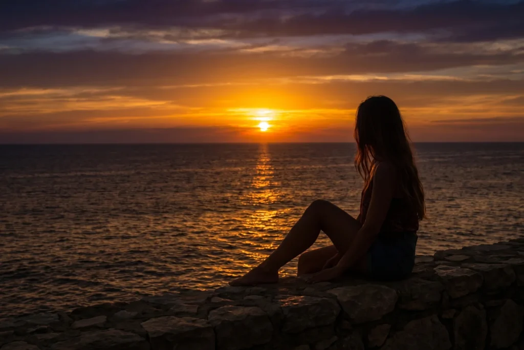 Silhouette of a woman sitting on a stone wall watching the sun sink into the ocean | Reflective, content | Deep golden-orange sunset light | Amber, deep purple, navy