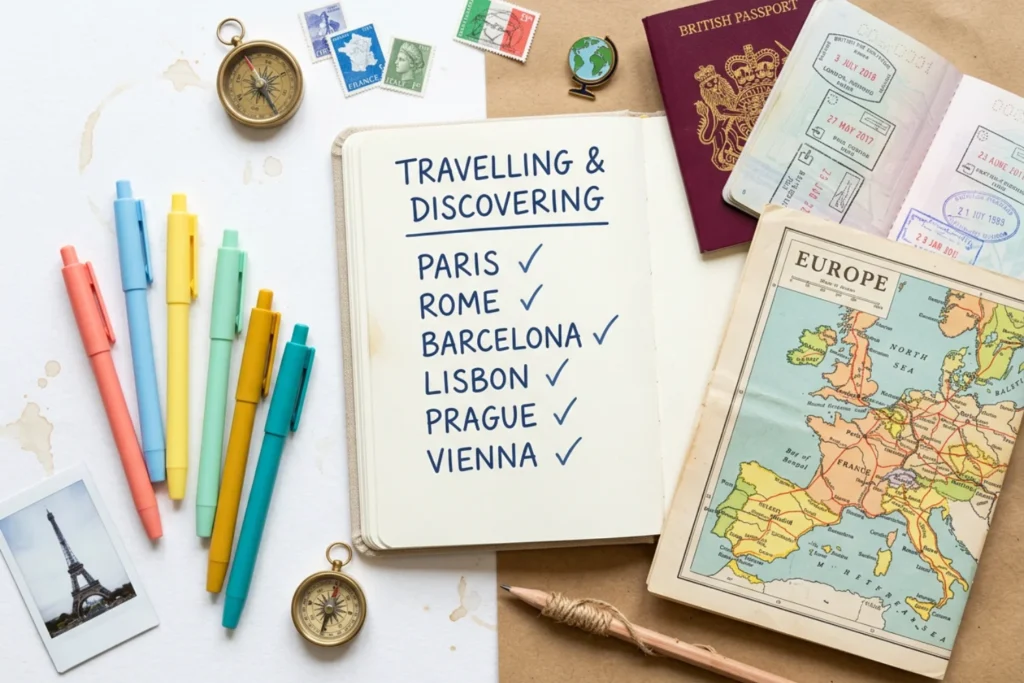 Flatlay of a notebook with handwritten list, passport, map, and colored pens | Organized, creative | Bright natural daylight from above | White, kraft paper, pops of color