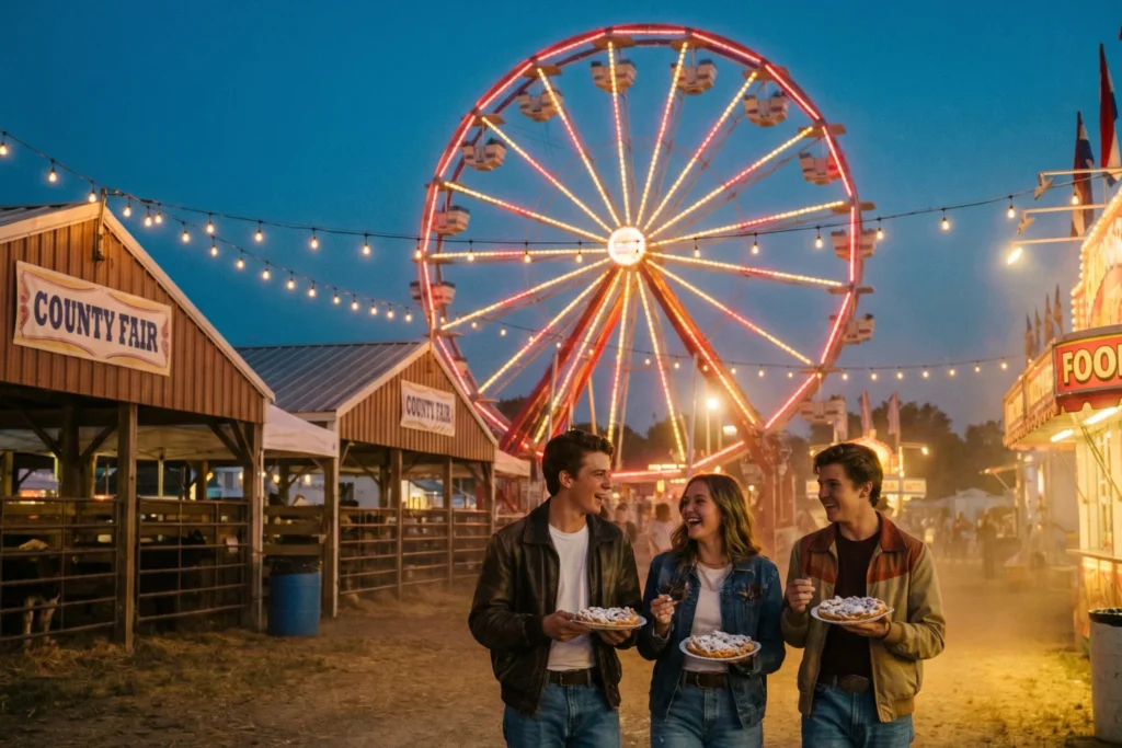 A Ferris wheel at a county fair at dusk, teens walking with funnel cake, livestock barns in the background | Nostalgic, lively | Dusky warm light | Carnival red, butter yellow, twilight blue