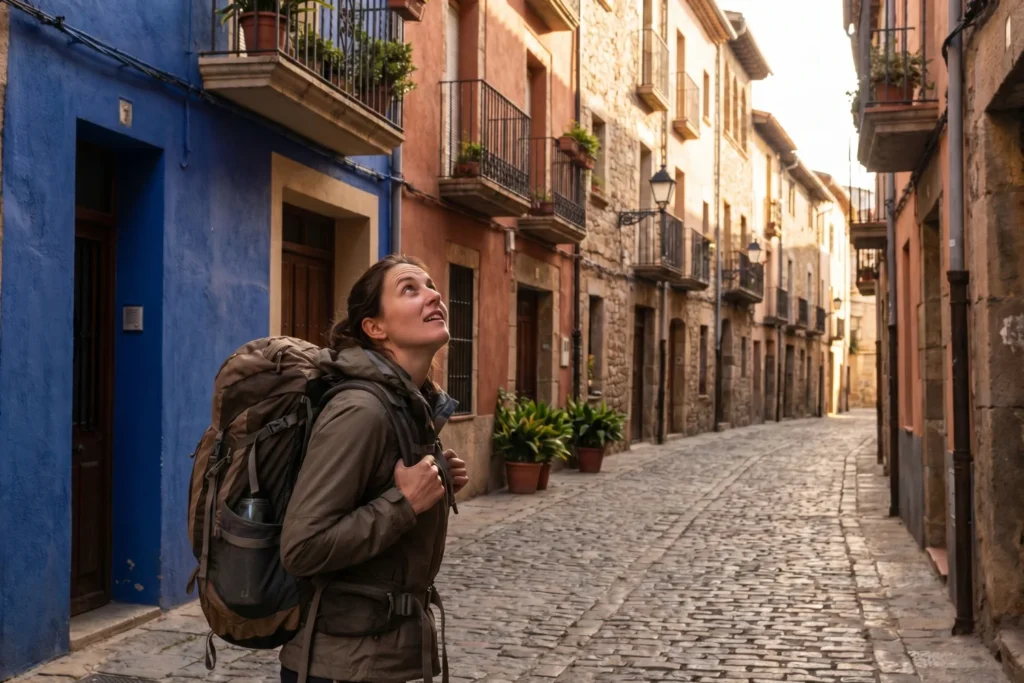 Woman walking through an unfamiliar cobblestone street with a backpack, looking up at colorful buildings | Bold, curious | Late afternoon golden light | Cobalt blue, terracotta, warm stone