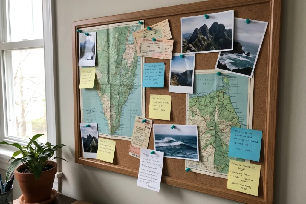 A corkboard pinned with maps, printed photos of mountains and coastlines, bus tickets, and sticky notes | Creative, aspirational | Soft indoor daylight | Warm cork, teal pins, white paper, map greens