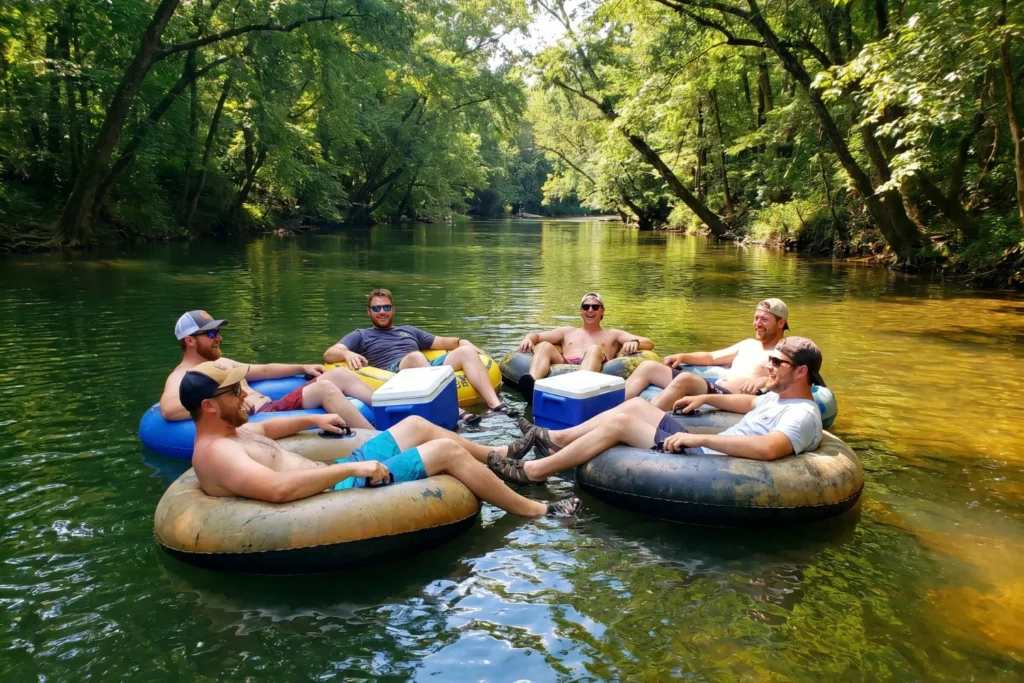 People floating down a calm green river in tubes, surrounded by trees | Lazy, joyful | Dappled sunlight through canopy | Green, amber, blue water