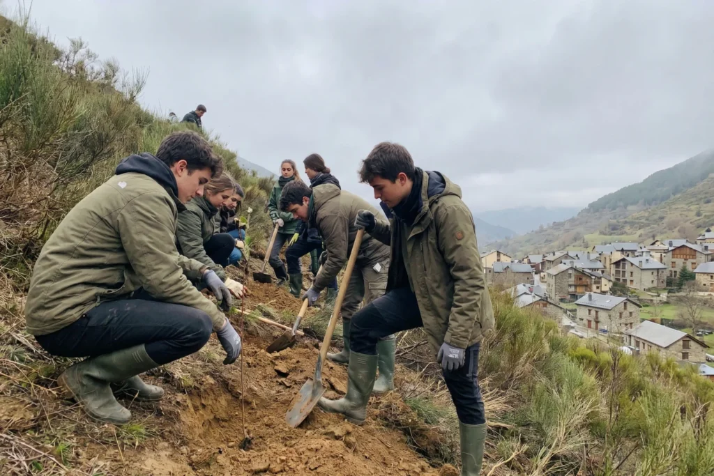 Young adults planting trees on a hillside, a small mountain town visible in the valley below | Purposeful, warm | Overcast soft light | Earthy green, clay brown, sky grey