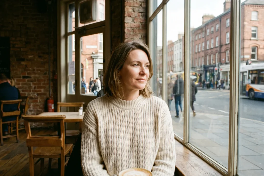 Woman sitting alone at a café window table with a cappuccino and city street visible outside | Confident, peaceful | Soft afternoon light | Warm neutrals, brick, cream