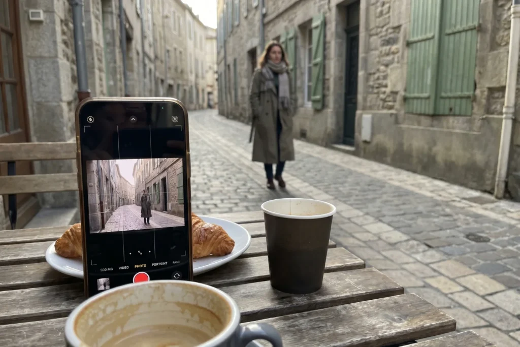 Phone propped on a café table recording a woman walking through a cobblestone street | Creative, candid | Natural morning light | Muted tones, stone grey, green shutters