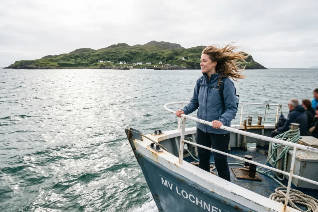 A person standing at the bow of a small ferry, island approaching in the distance | Anticipation, wind-in-hair freedom | Bright overcast, silvery light on water | Slate blue, white, sea green