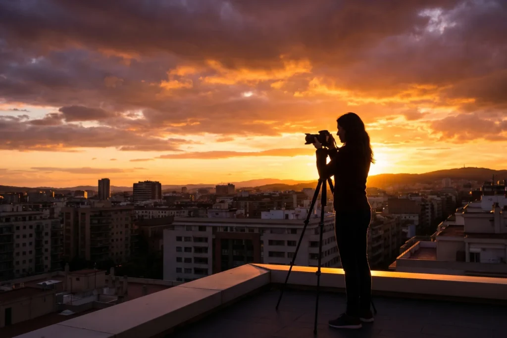 Silhouette of solo woman photographing a sunset from a rooftop terrace with city panorama | Empowered, golden | Dramatic sunset backlighting | Deep orange, purple, dark silhouette