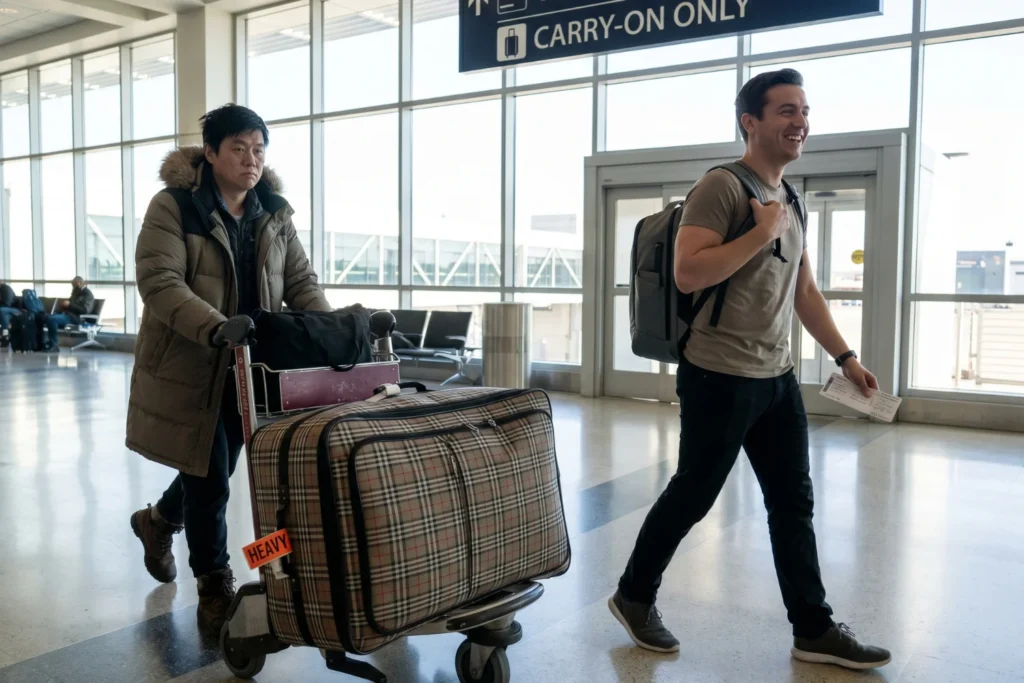 comparison of a heavy checked bag vs. a light carry-on at an airport terminal, traveler smiling on the carry-on side, bright daylight