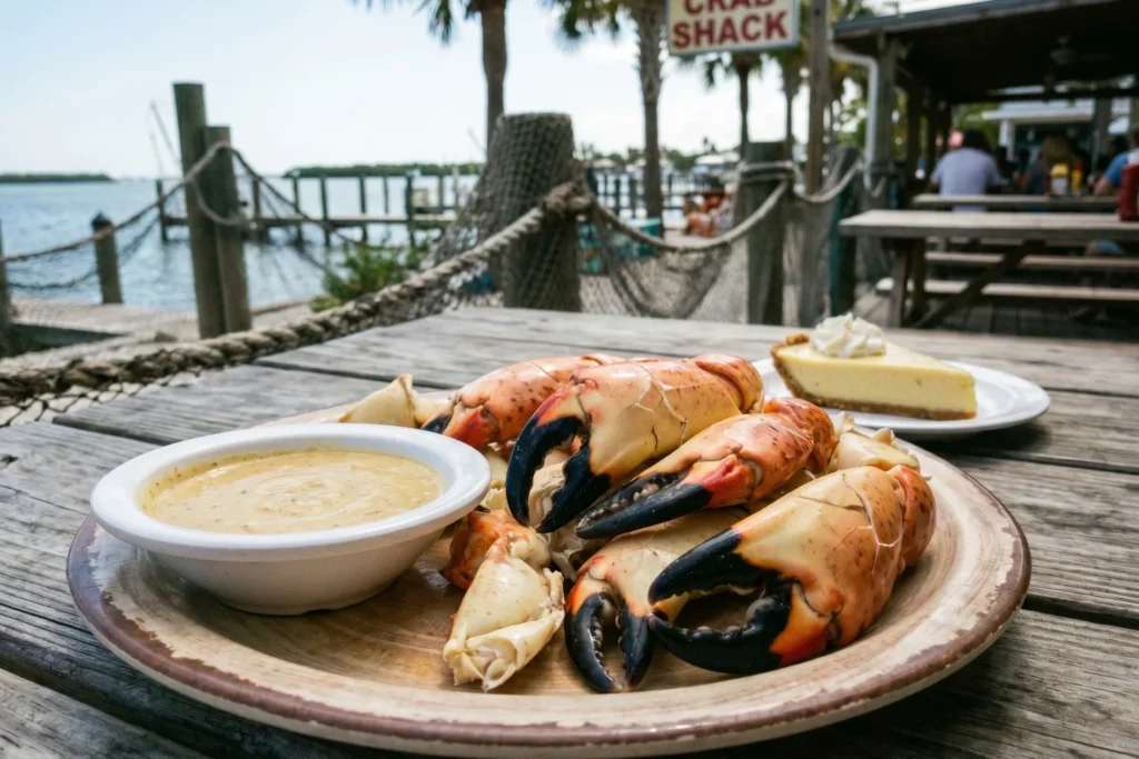 a plate of fresh Florida stone crab claws with mustard sauce, key lime pie in the background, served on a weathered wood table at a casual outdoor seafood shack, natural midday light