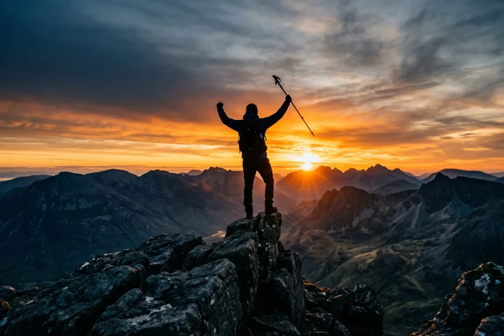 Silhouette of a hiker at a mountain summit with orange sunrise behind | Triumphant, raw | Pre-dawn to golden hour transition | Navy, orange, grey