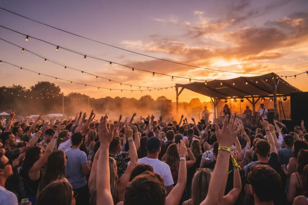 Crowd at an outdoor summer concert with string lights and sunset sky | Energetic, communal | Golden hour | Warm amber, purple dusk, crowd silhouettes
