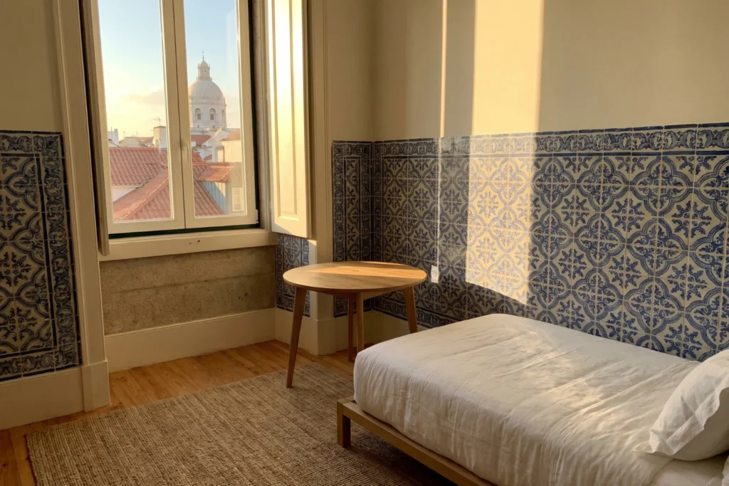 boutique hotel room in Lisbon with traditional Portuguese tiles, warm afternoon light through window, minimalist decor, view of terracotta rooftops