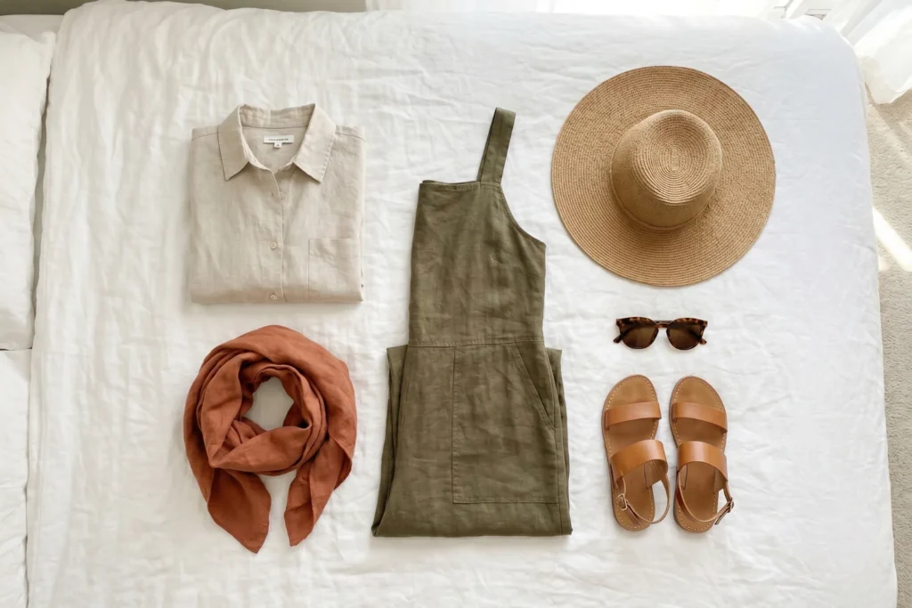 Flat lay of linen clothes, straw hat, sandals, and sunglasses on a white bedspread | Organized, curated | Bright flat natural light | White, beige, olive, terracotta