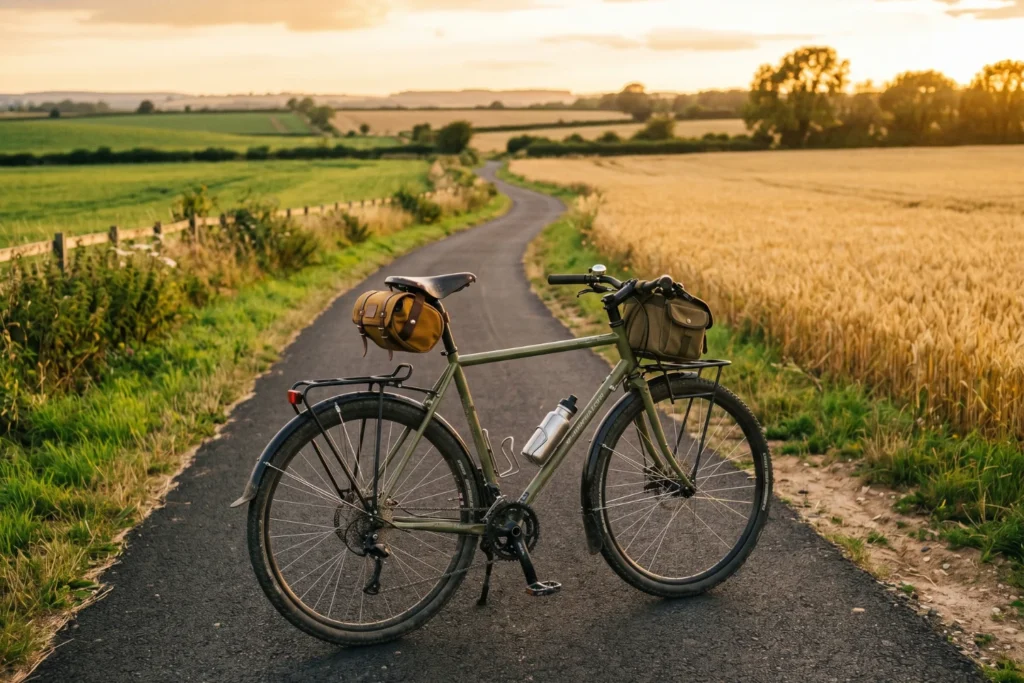 A bike loaded with a small bag parked on a paved trail, green fields either side | Adventurous, grounded | Late afternoon golden light | Olive green, wheat gold, asphalt charcoal