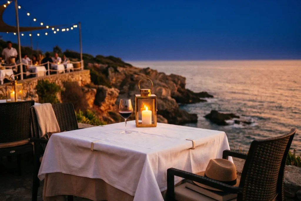Small table for one at an outdoor seaside restaurant with candle and wine glass, ocean view | Romantic, self-assured | Warm evening light with blue hour sky | Navy, candlelight gold, white linen