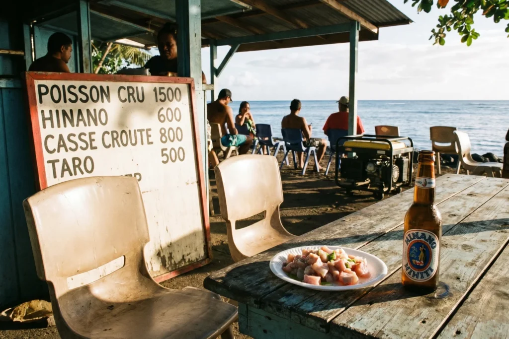 Local snack bar with plastic chairs and a hand-painted menu board, a plate of poisson cru and a cold Hinano beer on a worn wooden table, the sound of a generator humming in the background, afternoon light casting long shadows