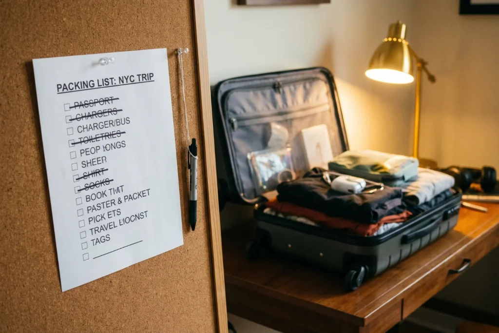 printed packing checklist pinned to a corkboard with items being crossed off, a carry-on suitcase open in the background, warm desk lamp light