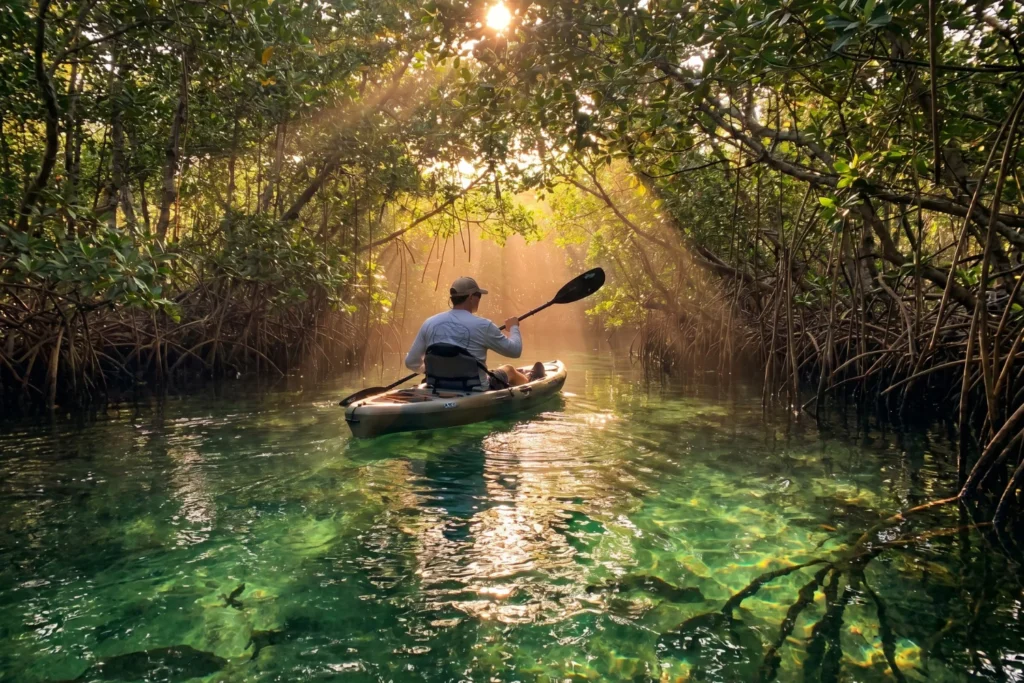 a kayaker paddling through a mangrove tunnel near Fort Myers with clear green water beneath, dappled sunlight filtering through the canopy, early morning