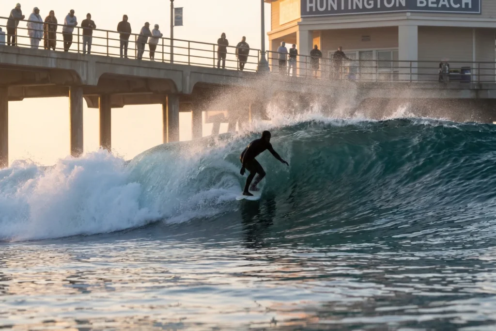surfer dropping into a wave at HB City Beach with the pier visible in background, spray off the lip of the wave, early morning light, clean water, spectators watching from the pier railing