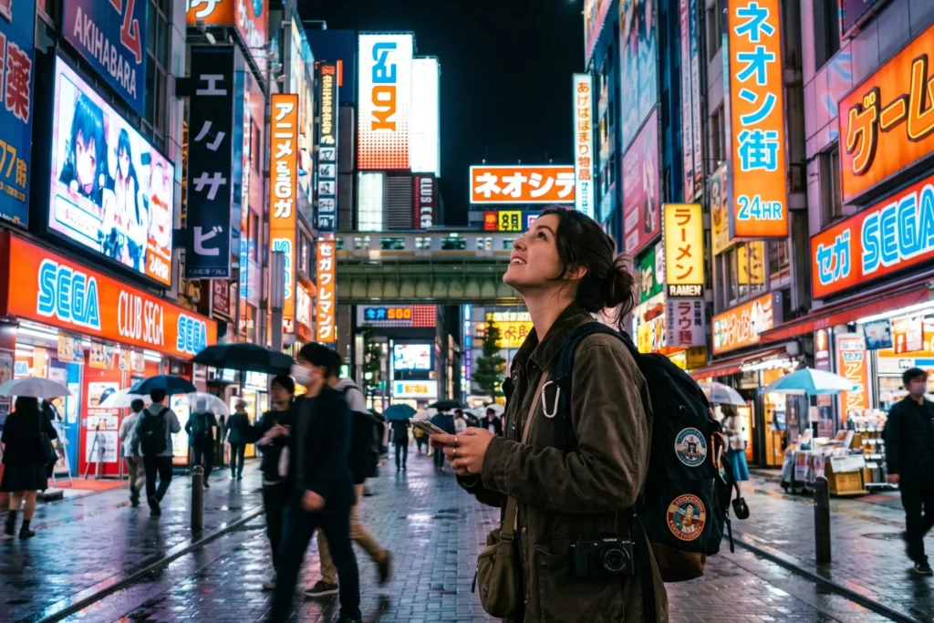 Neon-lit Tokyo street at night with a solo traveler looking up | Electric, curious | Artificial neon glow | Blue, pink, black, amber