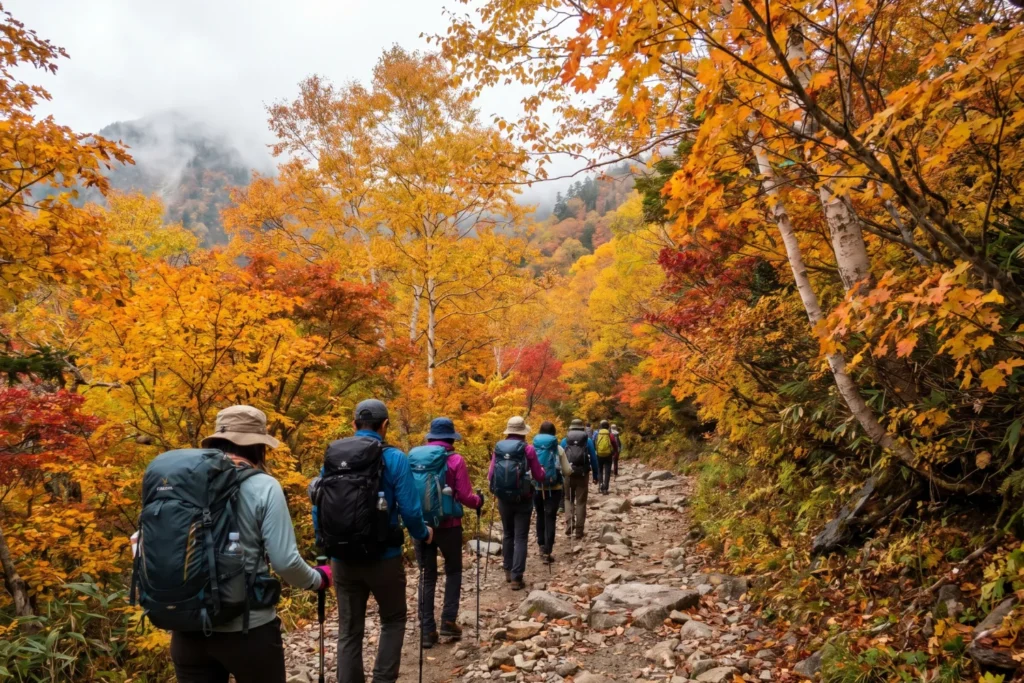 hikers on a mountain trail in autumn foliage, Japan, mid-October, golden and red leaves, soft overcast light